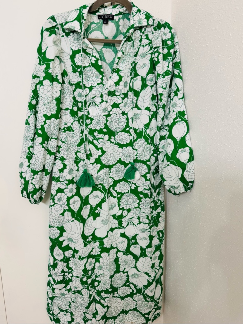 J. Crew Green and White Floral Long Sleeve Dress